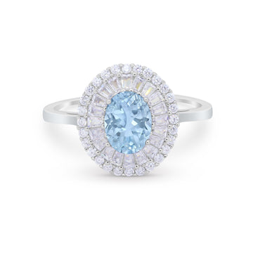 Art Deco Wedding Ring Oval Round Simulated Aquamarine CZ 925 Sterling Silver